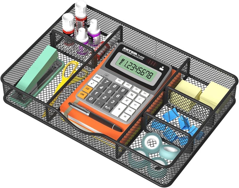 VyGrow Desk Drawer Organizer, Metal Mesh Drawer Organizer Tray with 6 Adjustable Compartment, Tray Organizer for Desktop, Kitchen, Bathroom, Makeup, Vanity - 14.5x8.8x1.96 inch, Black, 1PC Large - Image 1